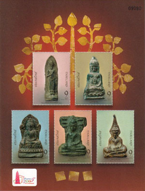 Phra Yod Khunphon (Set of five amuletic Buddha images) Overprinted Souvenir Sheet.